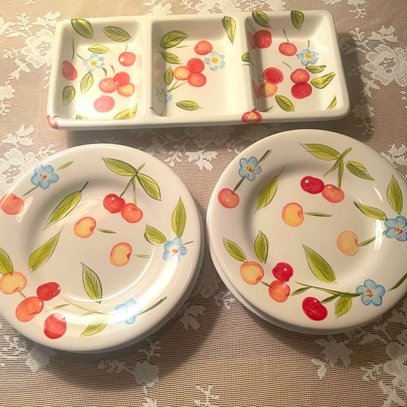 Vintage Tabletops Gallery Cherry Blossom Hand Painted 4 Plates and Serving Dish - Picture 3 of 9